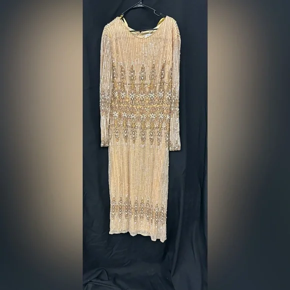 Mac Duggal 5576 NWOT Peach Embellished Long Sleeve High Neck Sheath Dress